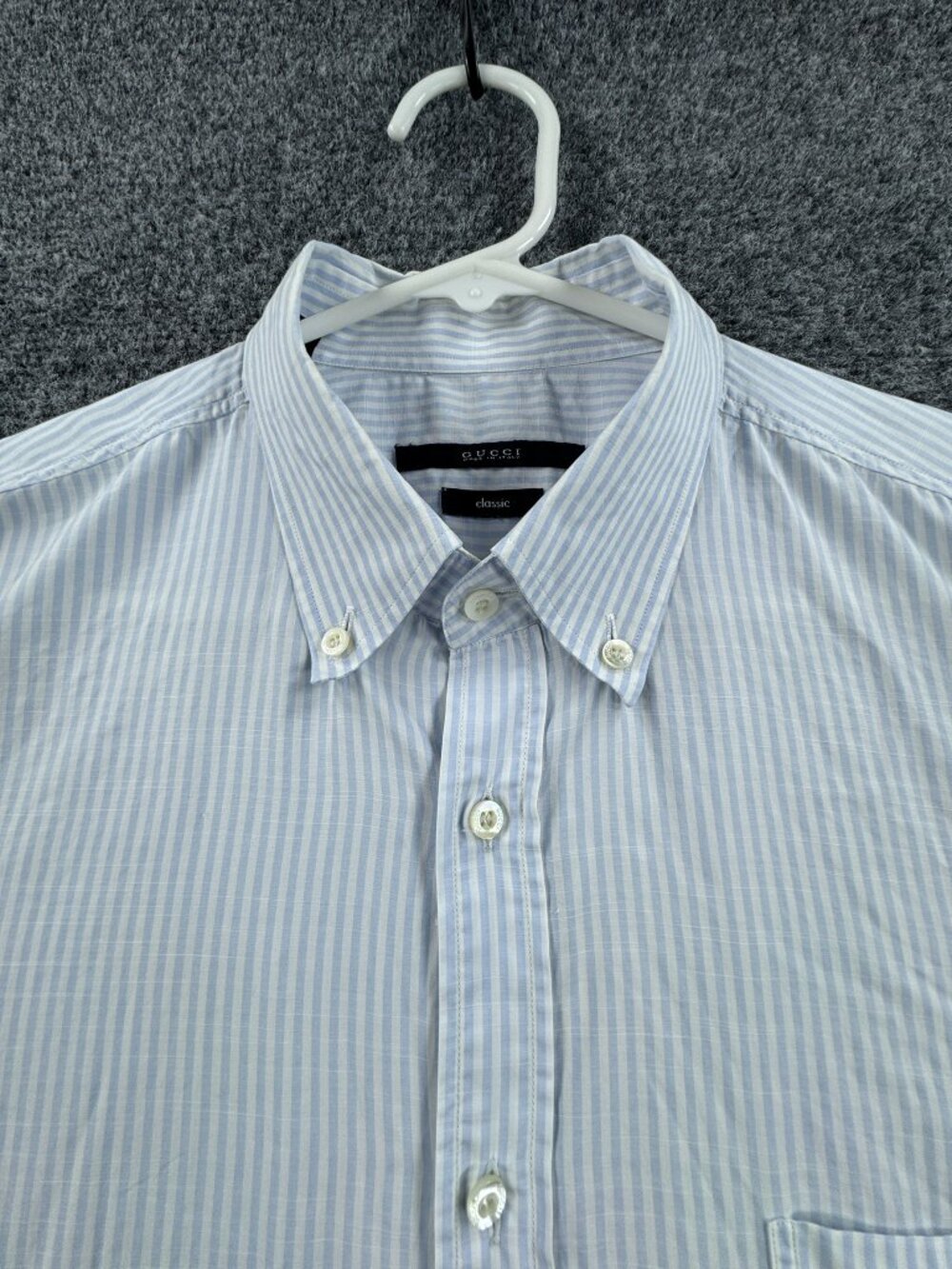Gucci Blue White 16.5 Cotton Button-Down Italy Striped Men Shirt Pocket Woven